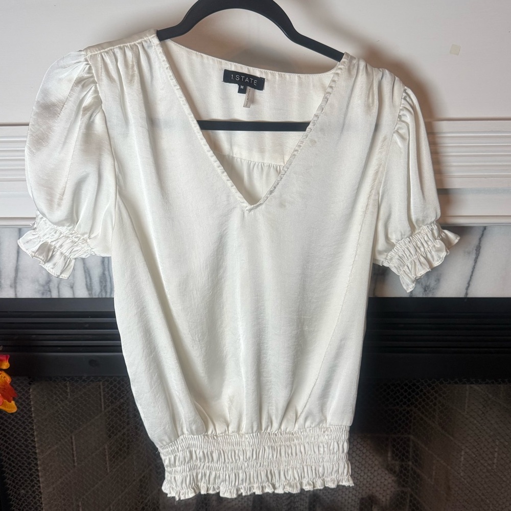 STATE White V-Neck Puff Sleeve Blouse